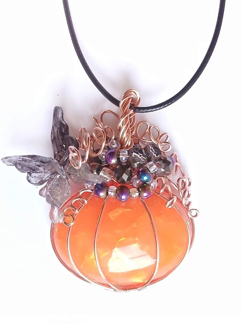 Sparkly orange copper wire wrapped pumpkin and Halloween butterfly necklace new